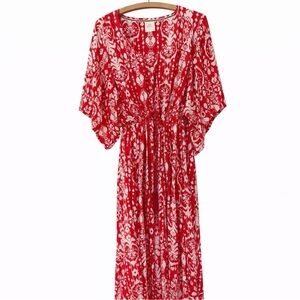 Red Printed Maxi Dress with Cinched Waist